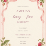 Raspberry Ribbon watercolor birthday invitation with soft berry artwork and editable sample text.