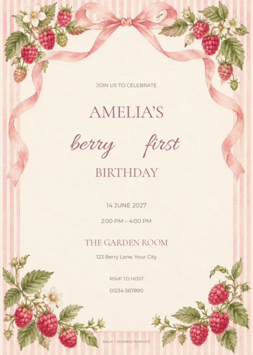 Raspberry Ribbon watercolor birthday invitation with soft berry artwork and editable sample text.