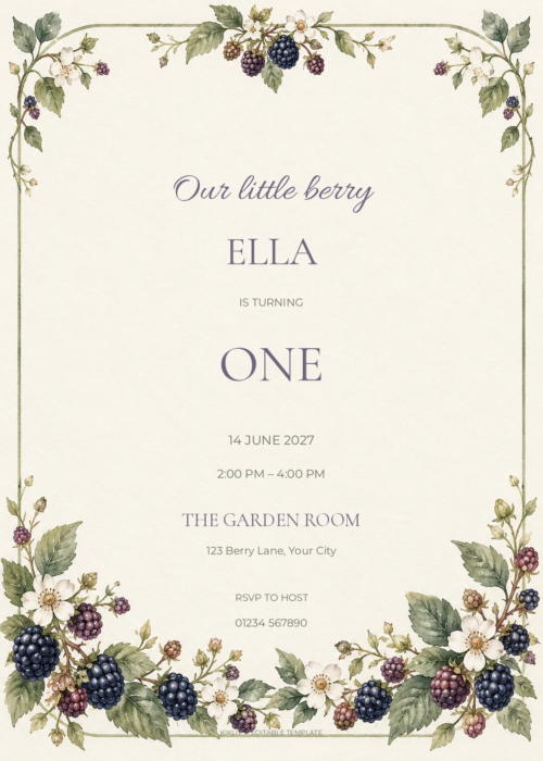 Blackberry Meadow watercolor birthday invitation with soft berry artwork and editable sample text.