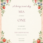 Berry Picnic watercolor birthday invitation with soft berry artwork and editable sample text.