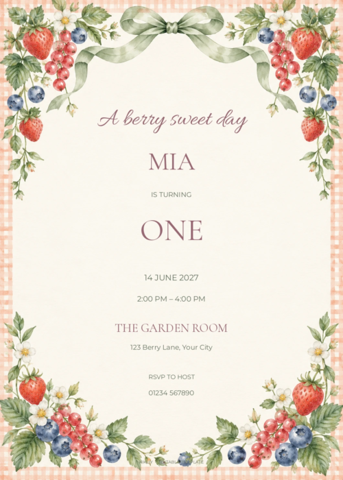 Berry Picnic watercolor birthday invitation with soft berry artwork and editable sample text.