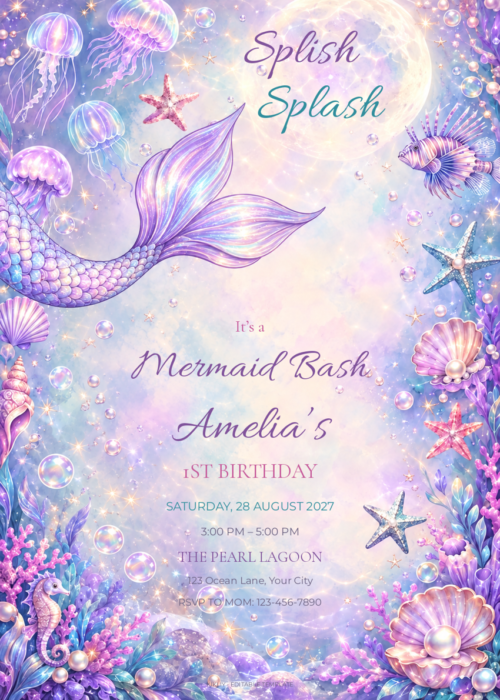 Moonlit Mermaid Bash pastel mermaid birthday invitation with editable sample text.