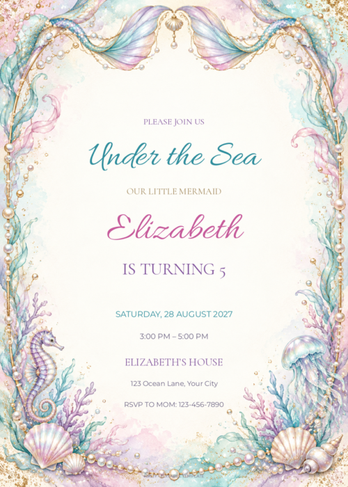 Opal Tail Under the Sea pastel mermaid birthday invitation with editable sample text.