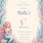Lilac Mermaid Celebration pastel mermaid birthday invitation with editable sample text.