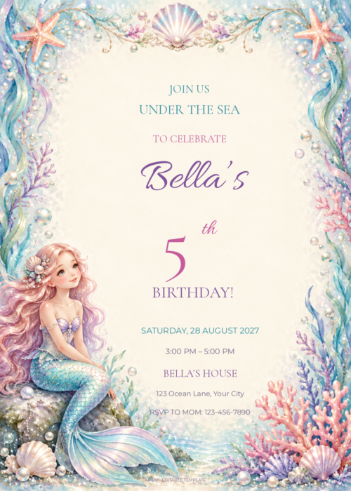 Lilac Mermaid Celebration pastel mermaid birthday invitation with editable sample text.