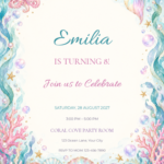 Coral Cove Mermaid Party pastel mermaid birthday invitation with editable sample text.