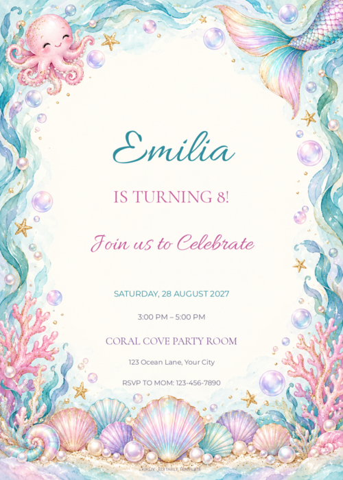 Coral Cove Mermaid Party pastel mermaid birthday invitation with editable sample text.