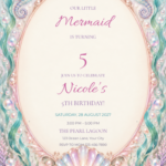 Pearl Shell Mermaid Birthday pastel mermaid birthday invitation with editable sample text.