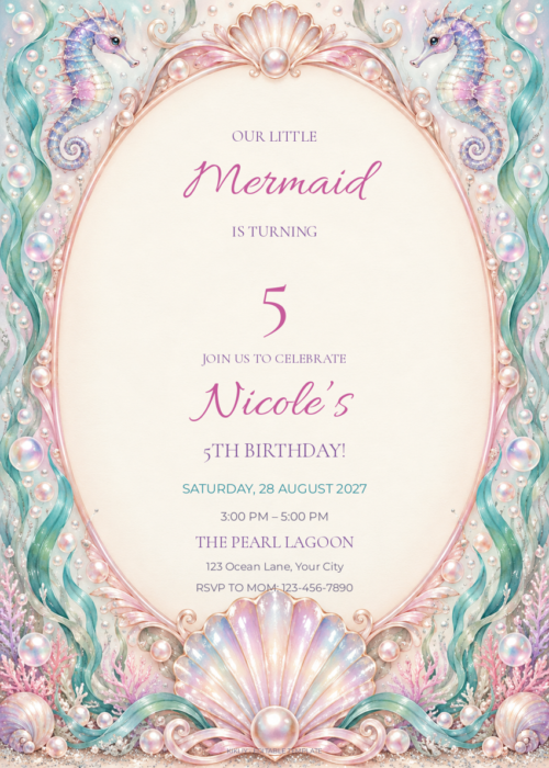 Pearl Shell Mermaid Birthday pastel mermaid birthday invitation with editable sample text.
