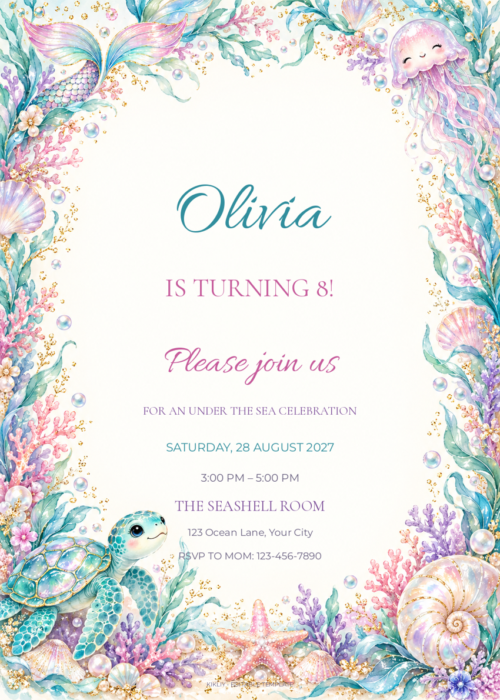 Enchanted Ocean Friends pastel mermaid birthday invitation with editable sample text.