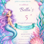 Pearl Butterfly Mermaid birthday invitation with editable sample text.
