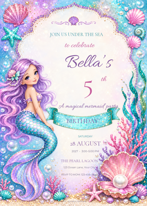 Pearl Butterfly Mermaid birthday invitation with editable sample text.