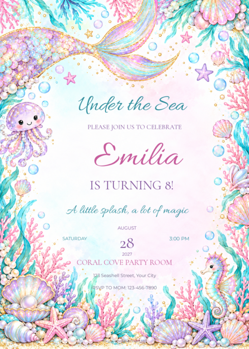 Opal Reef Celebration birthday invitation with editable sample text.