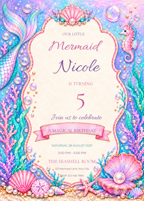 Pink Pearl Mermaid birthday invitation with editable sample text.
