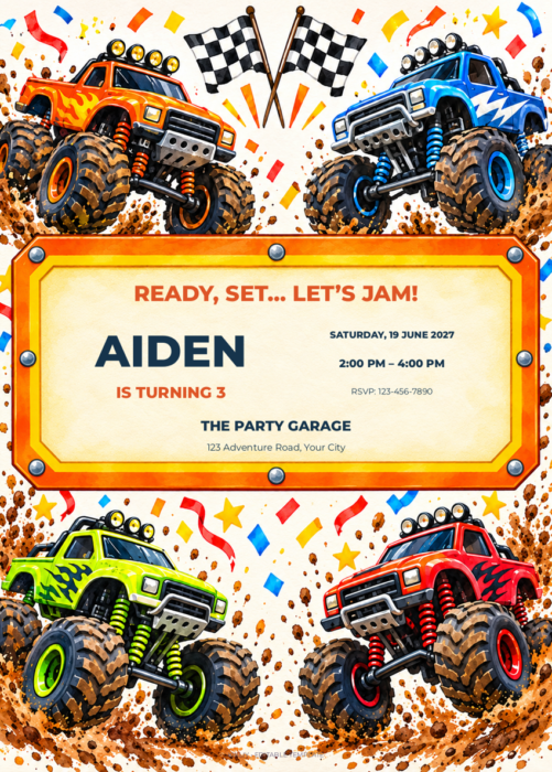 Turbo Birthday Jam birthday invitation with editable sample text.