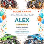 Watercolor Wheelie Party birthday invitation with editable sample text.