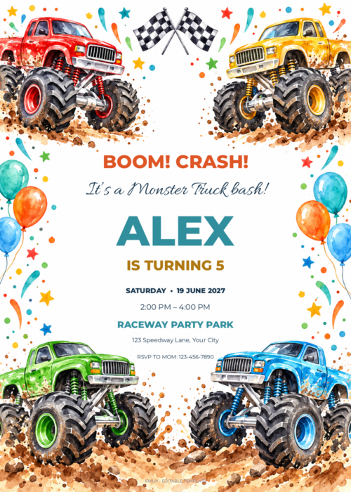 Watercolor Wheelie Party birthday invitation with editable sample text.