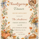 Cottage Harvest autumn Thanksgiving invitation with editable event details.