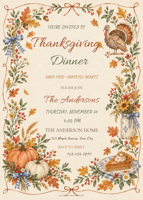 Cottage Harvest autumn Thanksgiving invitation with editable event details.