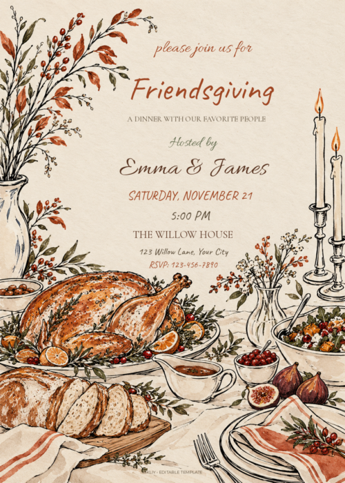 Rustic Bistro Feast autumn Thanksgiving invitation with editable event details.