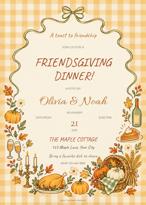 Golden Gingham autumn Thanksgiving invitation with editable event details.