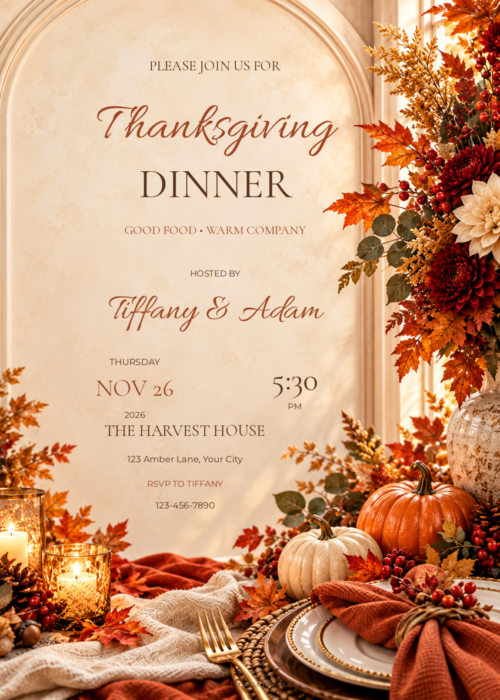 Amber Evening autumn Thanksgiving invitation with editable event details.
