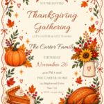 Autumn Bow Gathering autumn Thanksgiving invitation with editable event details.