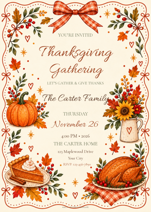Autumn Bow Gathering autumn Thanksgiving invitation with editable event details.