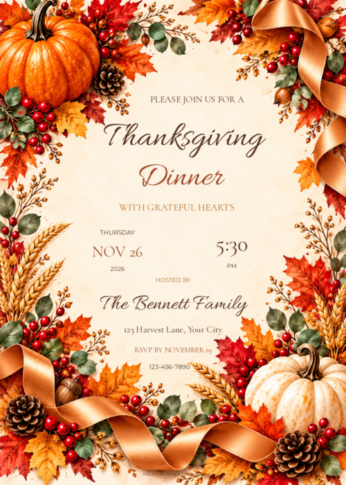 Satin Harvest autumn Thanksgiving invitation with editable event details.