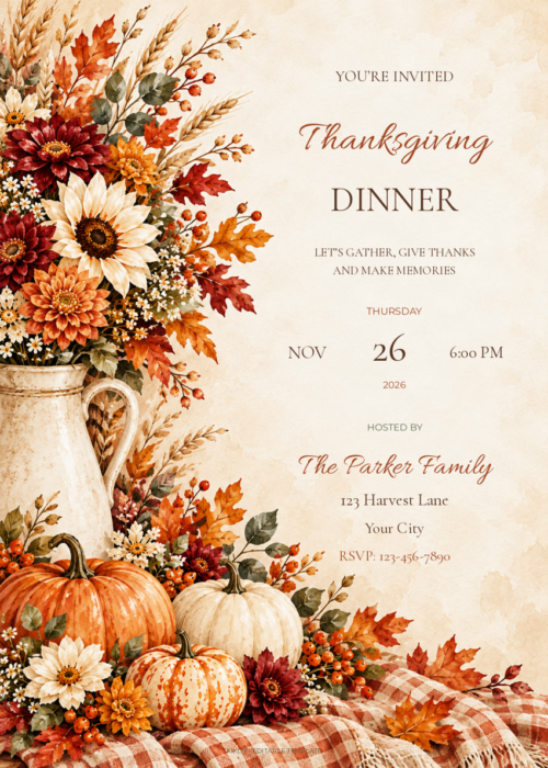 Harvest Meadow Bouquet autumn Thanksgiving invitation with editable event details.