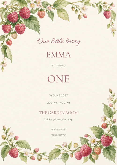 Raspberry Garden watercolor birthday invitation with soft berry artwork and editable sample text.