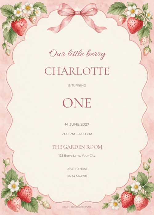 Strawberry Scallop watercolor birthday invitation with soft berry artwork and editable sample text.