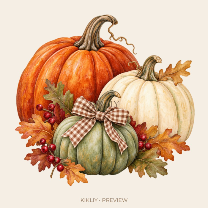 Pumpkin Trio watercolor Thanksgiving illustration with transparent background