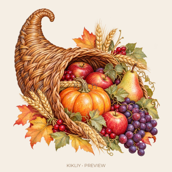 Harvest Cornucopia watercolor Thanksgiving illustration with transparent background