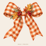Gingham Harvest Bow watercolor Thanksgiving illustration with transparent background