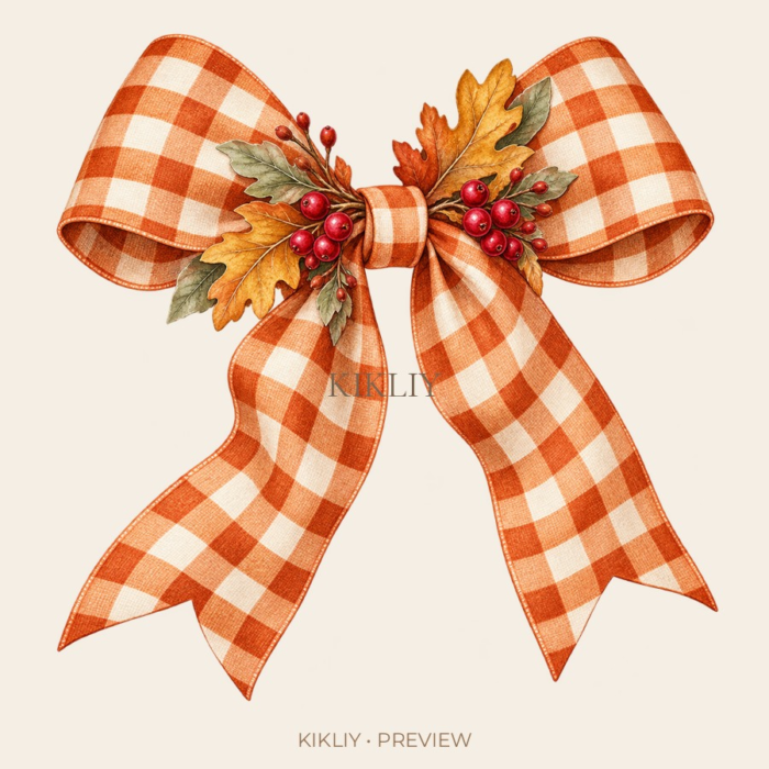 Gingham Harvest Bow watercolor Thanksgiving illustration with transparent background