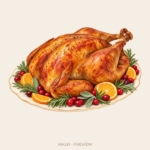 Roast Turkey Platter watercolor Thanksgiving illustration with transparent background
