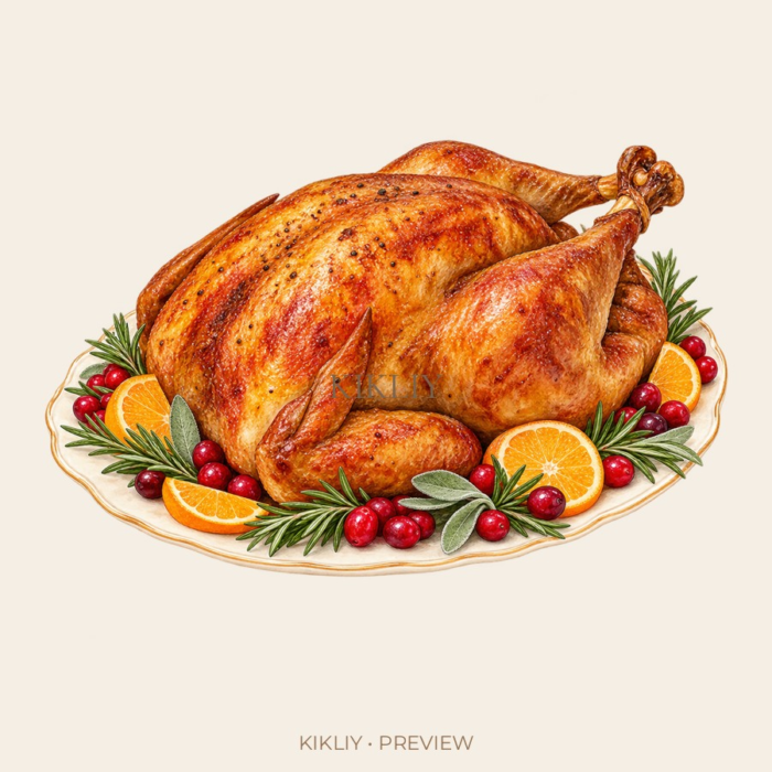 Roast Turkey Platter watercolor Thanksgiving illustration with transparent background