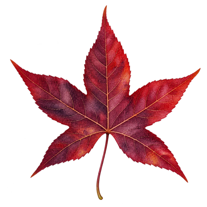Burgundy Sweetgum Leaf watercolor autumn clipart with transparent background