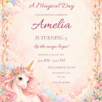 Blush Rainbow Unicorn birthday invitation with editable sample text.