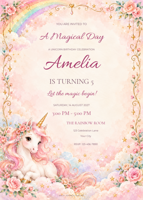Blush Rainbow Unicorn birthday invitation with editable sample text.