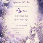 Lavender Moon Unicorn birthday invitation with editable sample text.