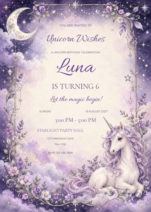 Lavender Moon Unicorn birthday invitation with editable sample text.
