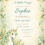Mint Garden Unicorn birthday invitation with editable sample text.