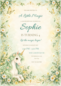 Mint Garden Unicorn birthday invitation with editable sample text.