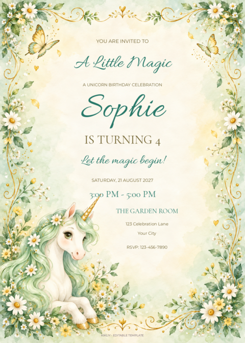 Mint Garden Unicorn birthday invitation with editable sample text.