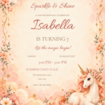 Peach Sunset Unicorn birthday invitation with editable sample text.
