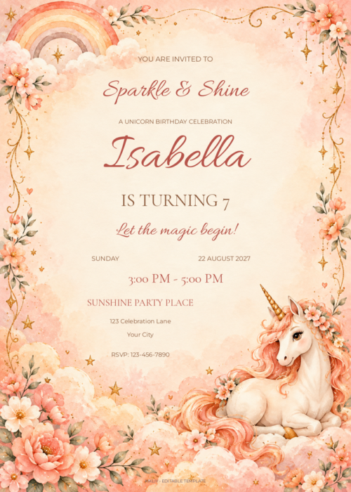 Peach Sunset Unicorn birthday invitation with editable sample text.