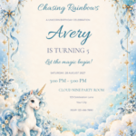 Sky Blue Unicorn birthday invitation with editable sample text.