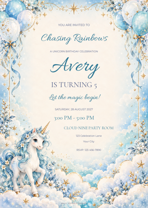 Sky Blue Unicorn birthday invitation with editable sample text.
